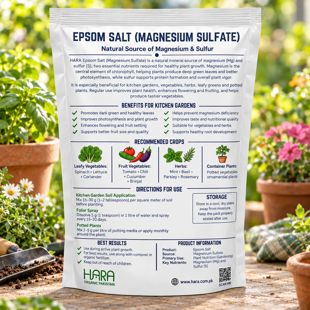 HARA Epsom Salt 800g back label showing ingredients, benefits and application instructions