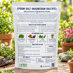 HARA Epsom Salt 800g back label showing ingredients, benefits and application instructions