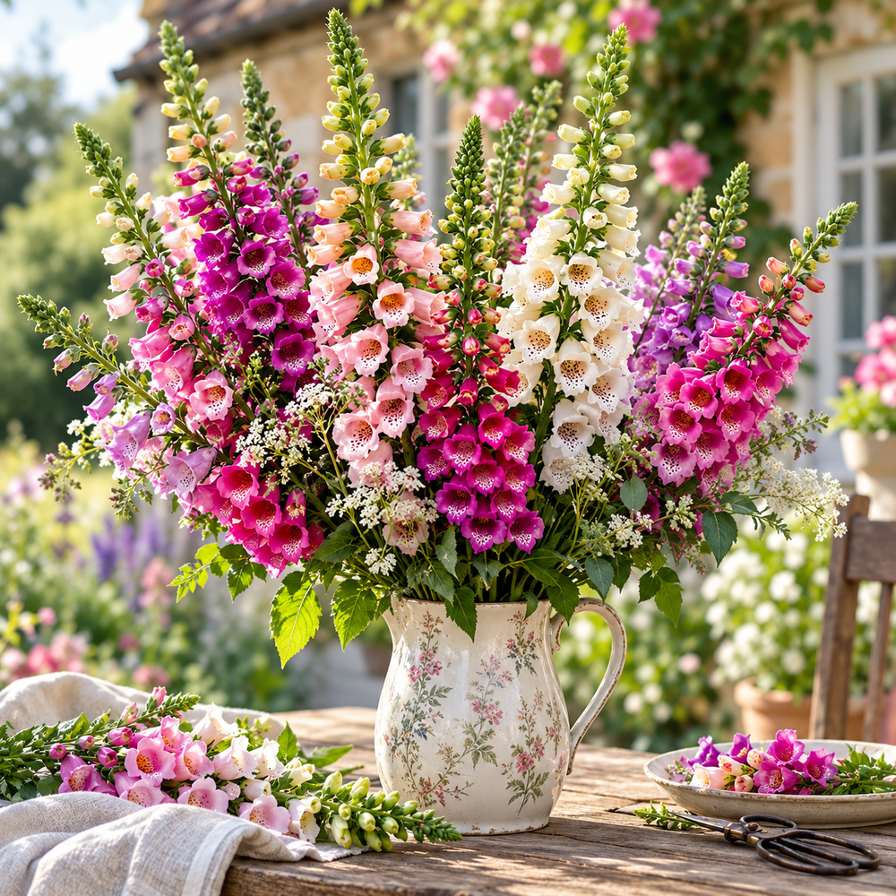 Foxglove Digitalis Mix with tall colourful pink purple and white bell-shaped flower spikes – winter flower seeds for beds pots and grow bags in Pakistan