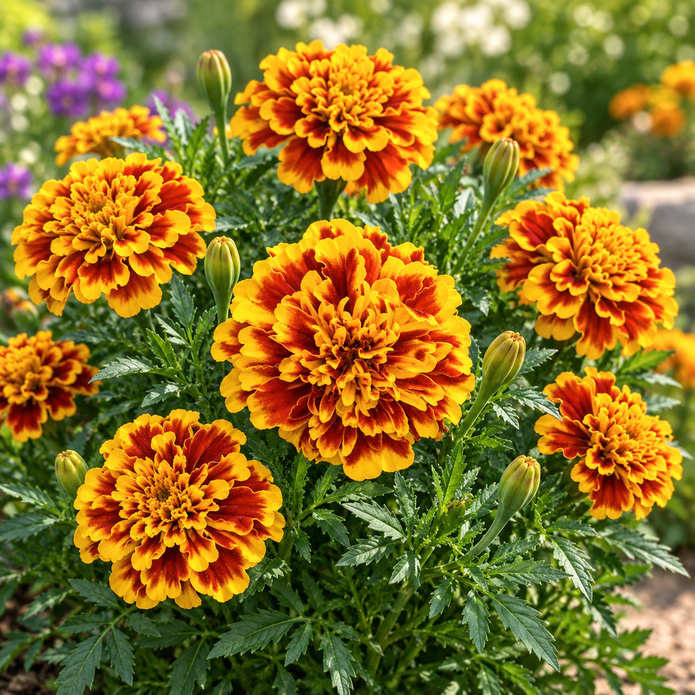French Marigold Jaffery Bonanza Bee with large double-crested mahogany flowers and golden-yellow edges – compact Tagetes patula flower seeds in Pakistan