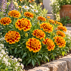 French Marigold Jaffery Bonanza Bee with large double-crested mahogany flowers and golden-yellow edges – compact Tagetes patula flower seeds in Pakistan