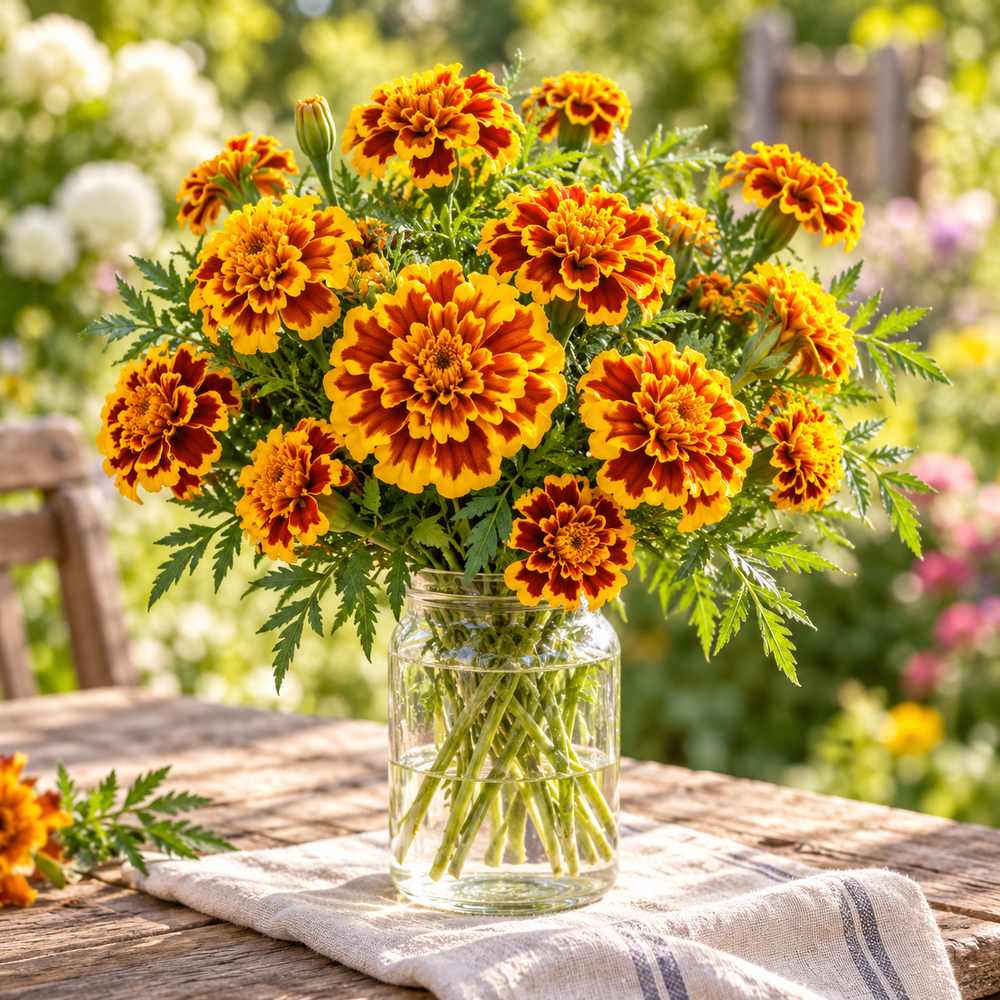 French Marigold Jaffery Bonanza Bee with large double-crested mahogany flowers and golden-yellow edges – compact Tagetes patula flower seeds in Pakistan