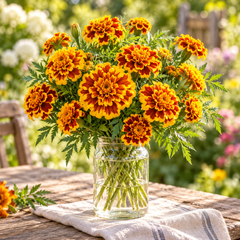 French Marigold Jaffery Bonanza Bee with large double-crested mahogany flowers and golden-yellow edges – compact Tagetes patula flower seeds in Pakistan