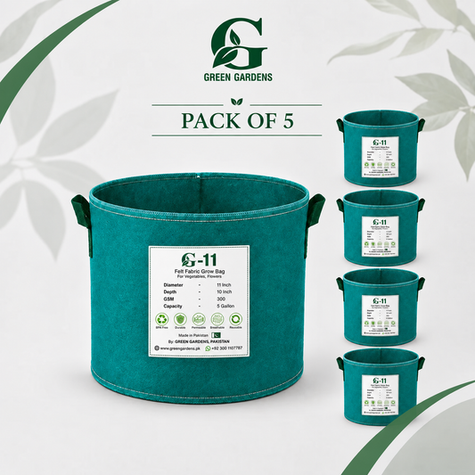 GREEN GARDENS G-11 Green Pack of 5 felt fabric grow bags, 11 inch diameter, 10 inch depth, 300 GSM, 5 gallon, two handles