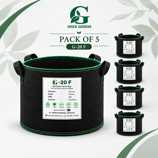 GREEN GARDENS G-20 F Black Pack of 5 hero image with 20x16 inch 400 GSM felt grow bags