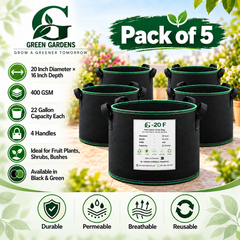 GREEN GARDENS G-20 F Black Pack of 5 infographic with 20 inch diameter 16 inch depth 400 GSM and 22 gallon capacity