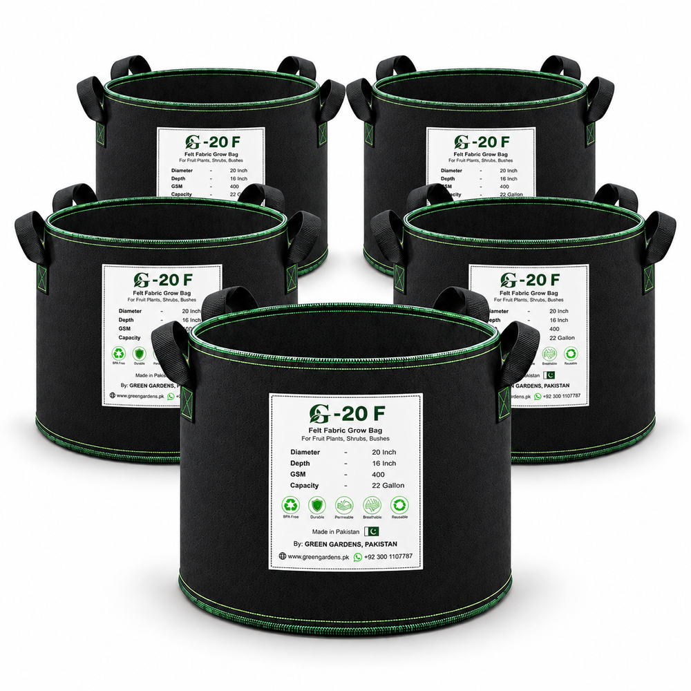 GREEN GARDENS G-20 F Black Pack of 5 grow bags on pure white background