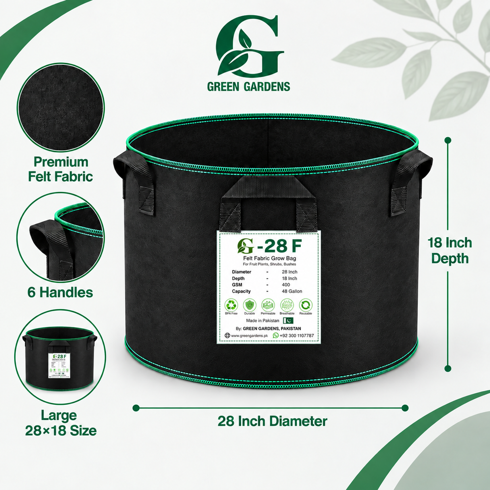 GREEN GARDENS G-28 F Black 28×18 inch round 400 GSM felt fabric grow bag with 6 handles for fruit plants