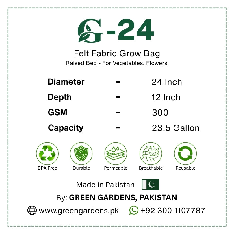 G-24 round felt fabric raised-bed grow bag, 24-inch diameter and 12-inch depth