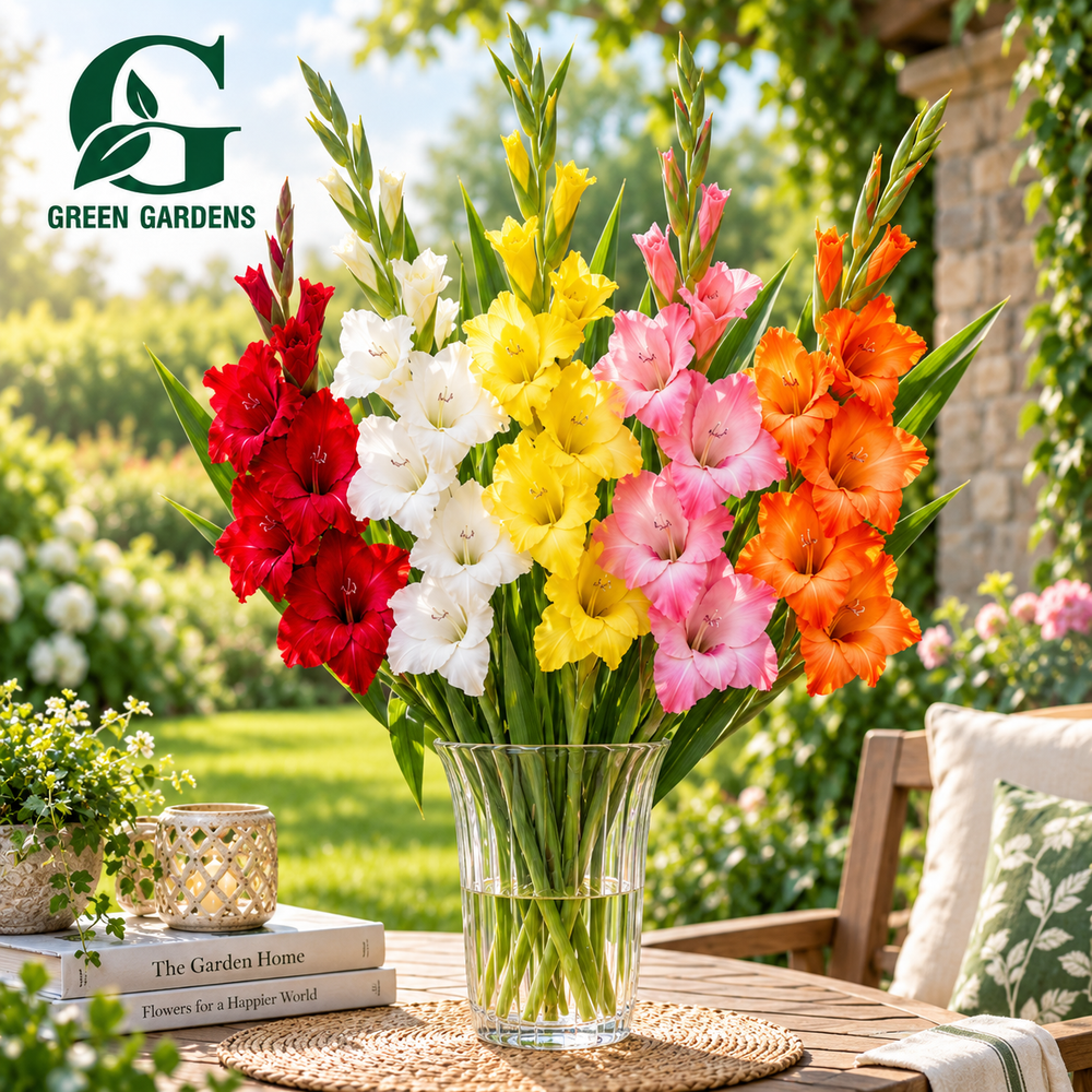 Red, white, yellow, pink and orange Gladiolus flowers growing in a beautiful garden bed and lawn