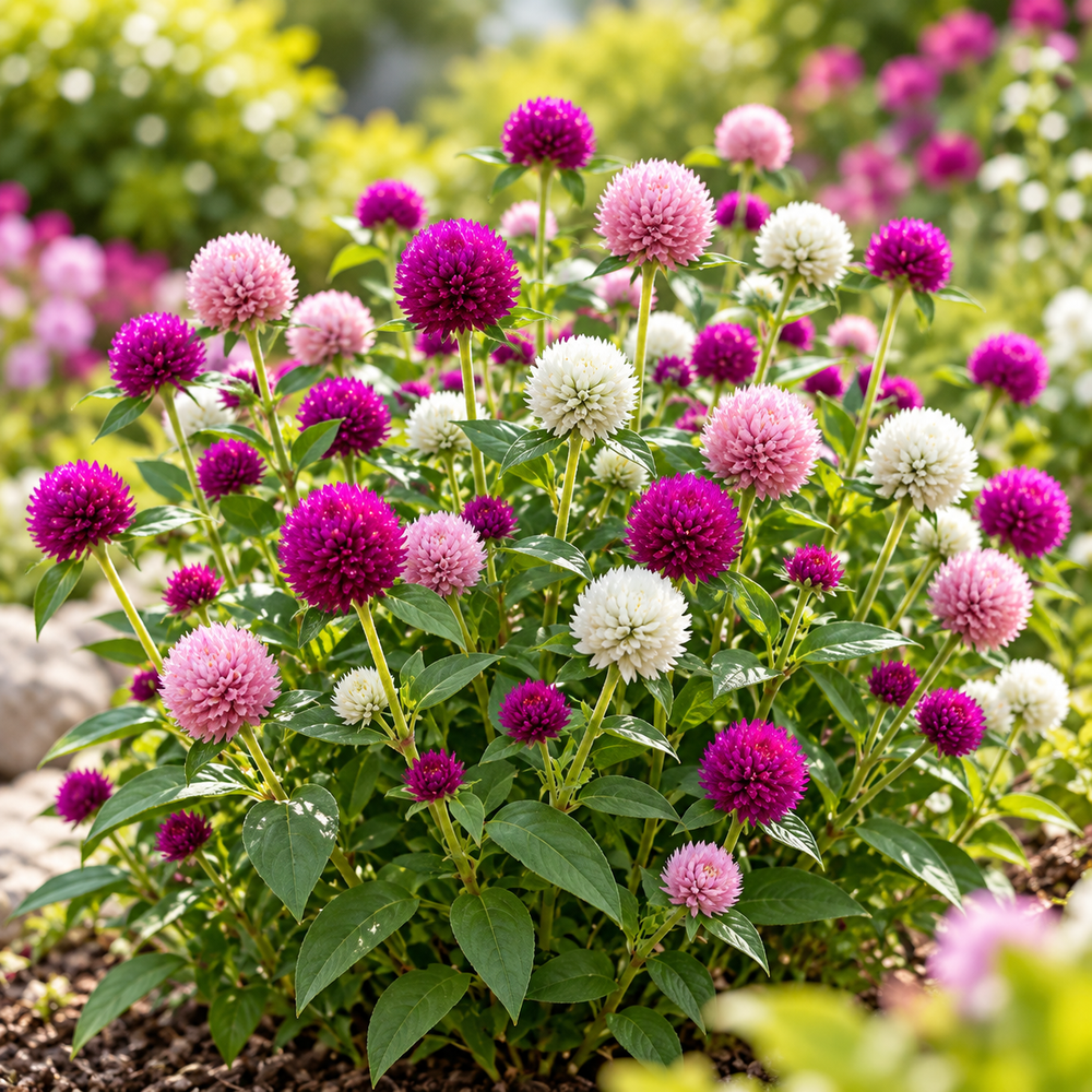 Gomphrena globosa Globe Amaranth with bright round globe-shaped papery flowers – heat-tolerant summer flower seeds for beds pots grow bags and dried arrangements in Pakistan