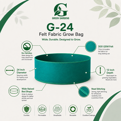 Green G-24 grow bag showing 300 GSM felt texture, no handles and 24×12-inch raised-bed design