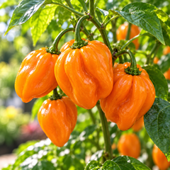 Ripe bright orange Habanero peppers growing on a healthy bushy plant – extremely hot Orange Habanero seeds for home gardening in Pakistan