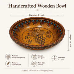 Handcrafted Wooden Decorative Bowl – Carved Grape Design, 8.1 Inch