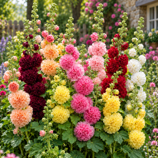 Double Hollyhock Alcea rosea with tall colourful double flower spikes – winter flower seeds for garden beds borders walls and grow bags in Pakistan