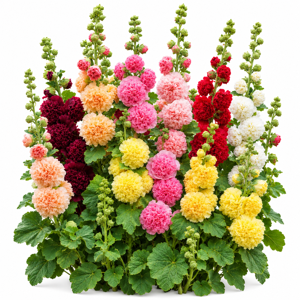 Double Hollyhock Alcea rosea with tall colourful double flower spikes – winter flower seeds for garden beds borders walls and grow bags in Pakistan