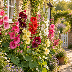 Tall Single Hollyhock Alcea rosea with large single-petal flowers on upright spikes – winter flower seeds for gardens borders walls and grow bags in Pakistan