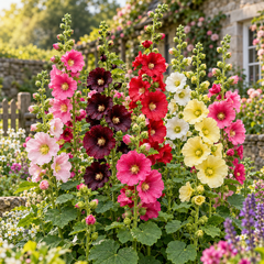 Tall Single Hollyhock Alcea rosea with large single-petal flowers on upright spikes – winter flower seeds for gardens borders walls and grow bags in Pakistan