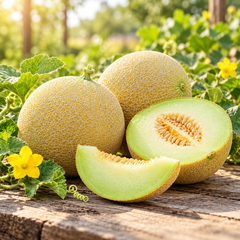 White Honey F1 Hybrid Honeydew Melon with smooth creamy-white round fruits and sweet pale-green juicy flesh growing on healthy summer vines – fruit seeds Pakistan