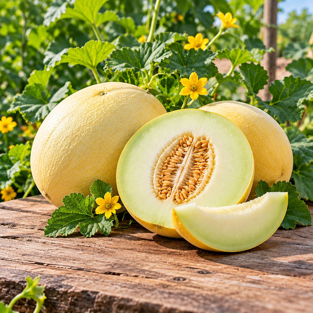 Honeydew Melon F1 Hybrid MDS-939 growing in original GREEN GARDENS G-12 grow bag with tag