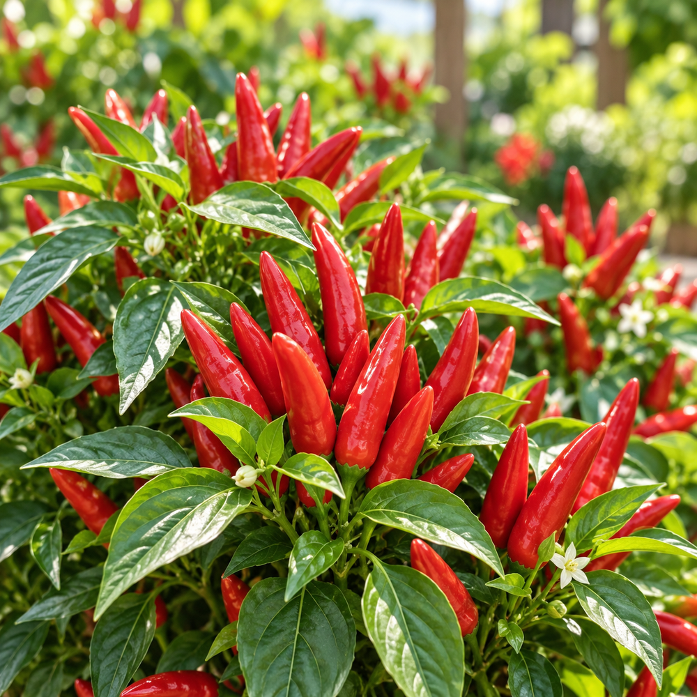 Upright Hot Pepper F1 Hybrid plant with spicy upward-facing chilli fruits – winter and summer vegetable seeds for kitchen gardens and grow bags in Pakistan