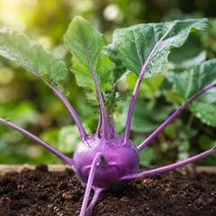 Fresh Purple Kohlrabi Ganth Gobi with violet swollen stems and healthy green leaves – vegetable seeds for home gardening in Pakistan
