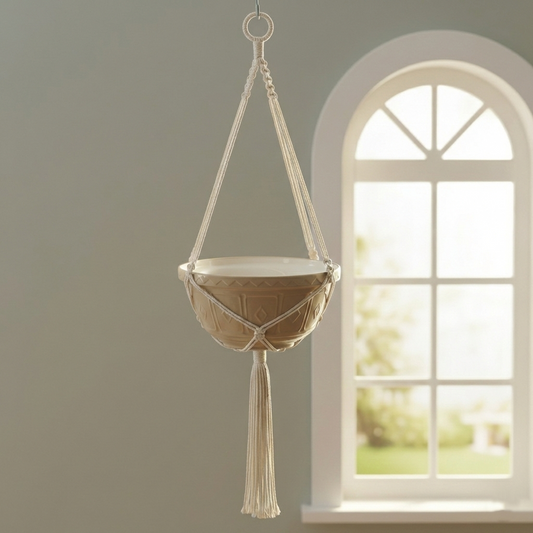 Large Earth-Tone Ceramic Hanging Planter with Macrame (13 Inch) - Premium Series