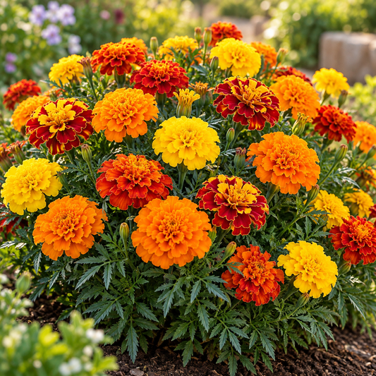 French Marigold Jaffery Mix with colourful yellow, gold and orange blooms – compact Tagetes patula flower seeds for pots, beds and home gardens in Pakistan