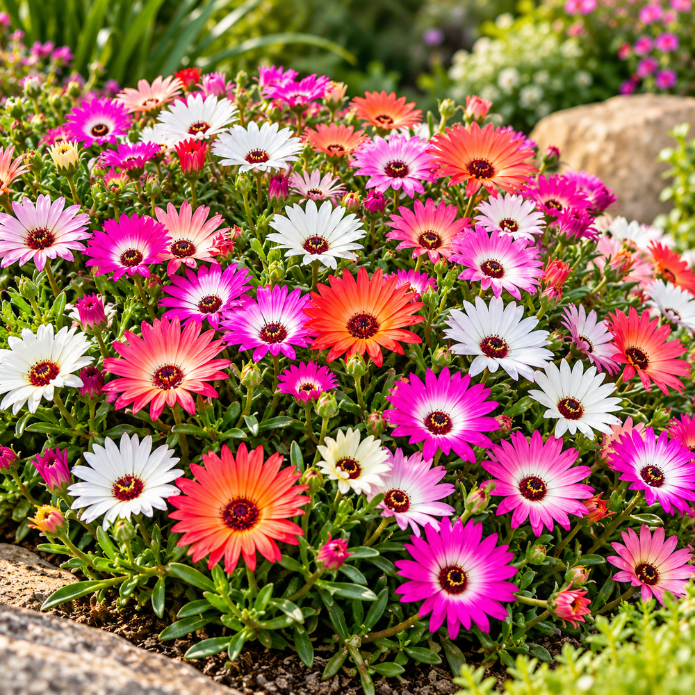 Mesembryanthemum Ice Plant Mix with colourful pink red orange yellow white and purple daisy-like flowers – winter seeds for pots rock gardens borders and grow bags in Pakistan