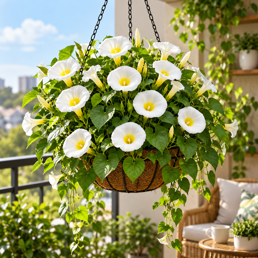 Convolvulus tricolor White Ensign Dwarf Morning Glory with elegant white funnel-shaped flowers and contrasting yellow centre – summer flower seeds for beds borders pots and grow bags in Pakistan