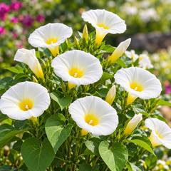 Convolvulus tricolor White Ensign Dwarf Morning Glory with elegant white funnel-shaped flowers and contrasting yellow centre – summer flower seeds for beds borders pots and grow bags in Pakistan