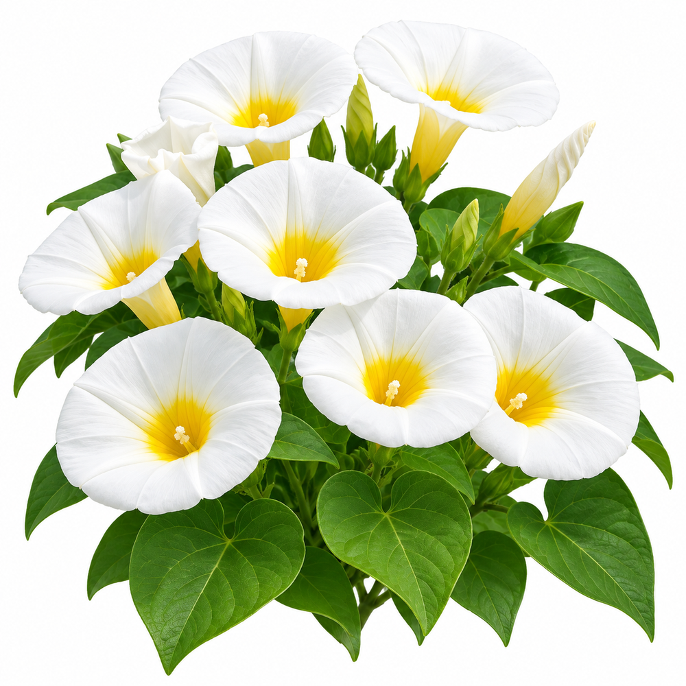 Convolvulus tricolor White Ensign Dwarf Morning Glory with elegant white funnel-shaped flowers and contrasting yellow centre – summer flower seeds for beds borders pots and grow bags in Pakistan
