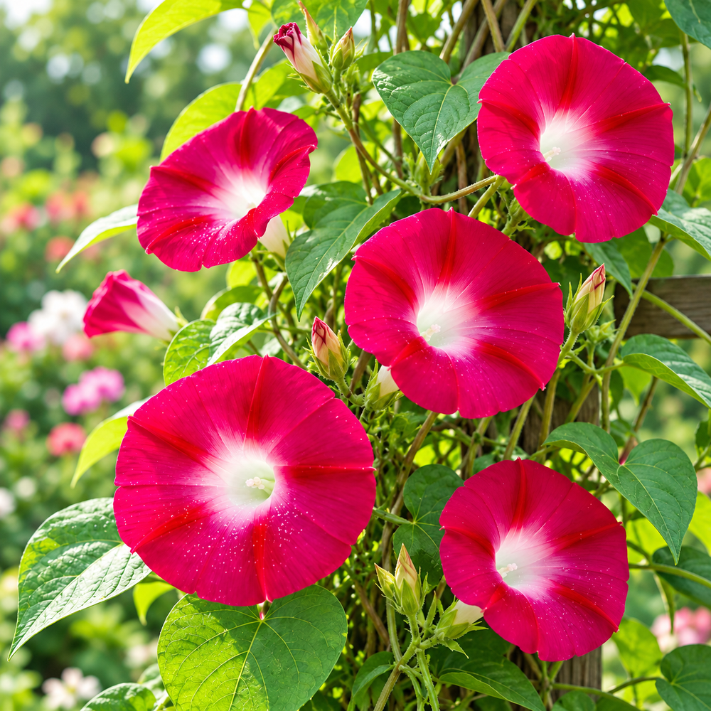 Morning Glory Crimson Rambler vine with rich crimson-red trumpet-shaped flowers – summer climbing flower seeds for trellises balconies pots and grow bags in Pakistan