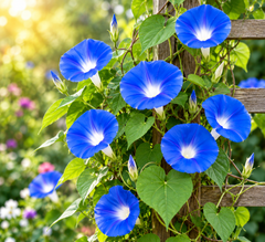 Morning Glory Heavenly Blue vine with large sky-blue trumpet-shaped flowers and pale contrasting centre – summer climbing flower seeds for trellises balconies pots and grow bags in Pakistan