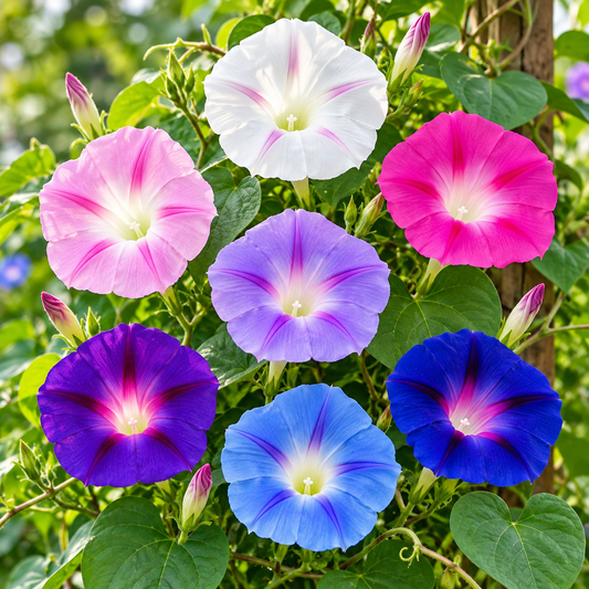 Morning Glory Imperial Mix vines with colourful mixed trumpet-shaped flowers – summer climbing flower seeds for trellises balconies pots and grow bags in Pakistan