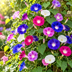 Morning Glory Imperial Mix vines with colourful mixed trumpet-shaped flowers – summer climbing flower seeds for trellises balconies pots and grow bags in Pakistan
