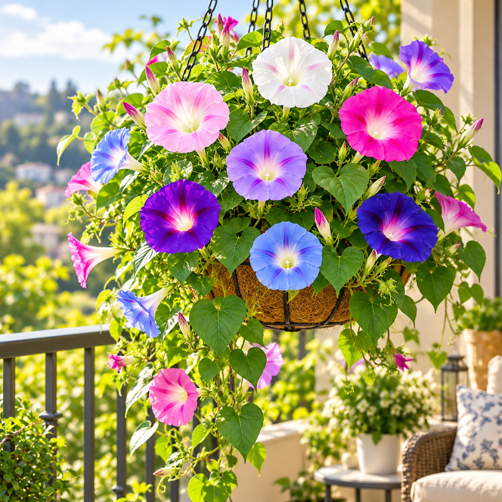 Morning Glory Imperial Mix vines with colourful mixed trumpet-shaped flowers – summer climbing flower seeds for trellises balconies pots and grow bags in Pakistan