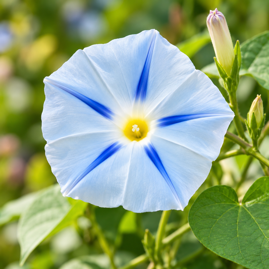 Morning Glory Ismay Ipomoea tricolor vine with pastel-blue trumpet-shaped flowers featuring a deep blue star and yellow throat – summer climbing flower seeds for Pakistan
