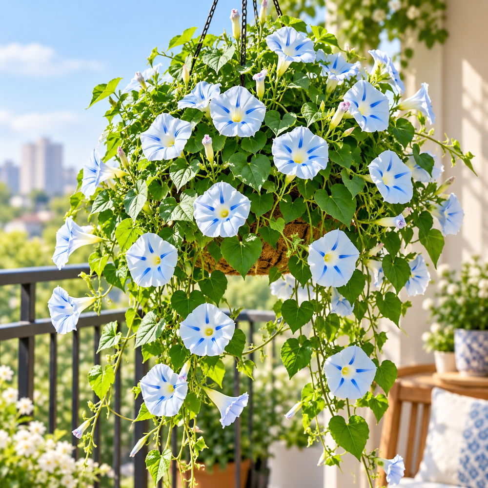 Morning Glory Ismay Ipomoea tricolor vine with pastel-blue trumpet-shaped flowers featuring a deep blue star and yellow throat – summer climbing flower seeds for Pakistan