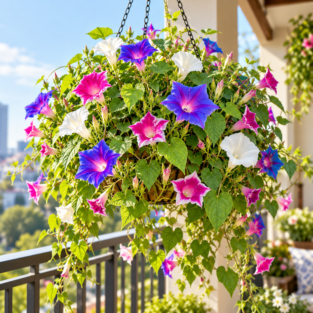 Morning Glory Kikyo Zaki Mix vine with colourful Japanese-style star-shaped and deeply lobed flowers – summer climbing flower seeds for trellises balconies pots and grow bags in Pakistan