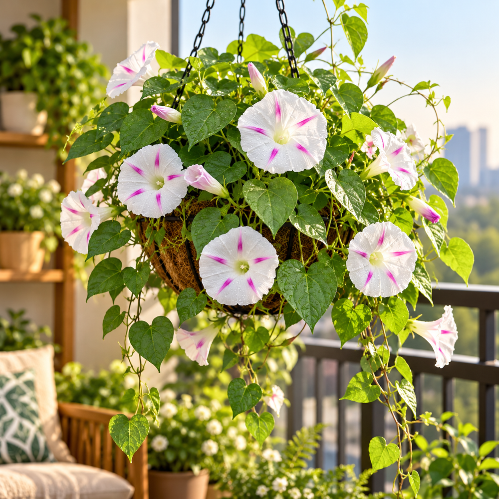 Morning Glory Milky Way Tricolor vine with attractive white and blue-violet trumpet-shaped flowers – summer climbing flower seeds for trellises balconies pots and grow bags in Pakistan