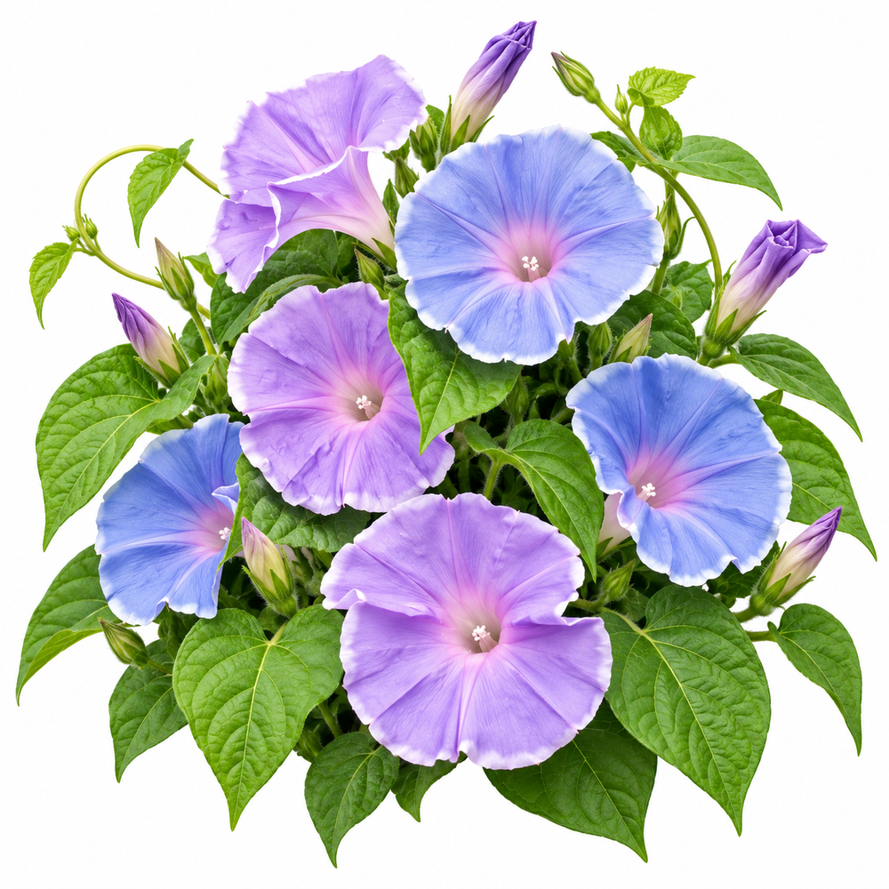 Morning Glory Morning Call Blue & White Picotee Ipomoea nil vine with large blue trumpet-shaped flowers and pale-white picotee edging – summer climbing flower seeds in Pakistan