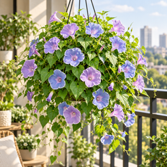 Morning Glory Morning Call Blue & White Picotee Ipomoea nil vine with large blue trumpet-shaped flowers and pale-white picotee edging – summer climbing flower seeds in Pakistan