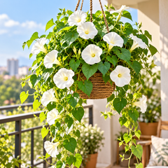 Morning Glory Pearly Gates vine with large pure-white trumpet-shaped flowers – summer climbing flower seeds for trellises balconies pots and grow bags in Pakistan