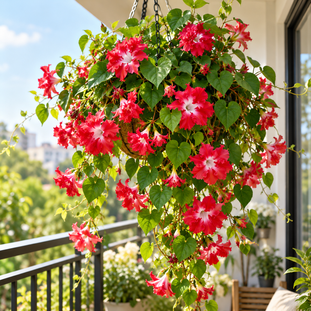 Morning Glory Ruffled Red vine with rich red trumpet-shaped flowers and decorative ruffled edges – summer climbing flower seeds for trellises balconies pots and grow bags in Pakistan