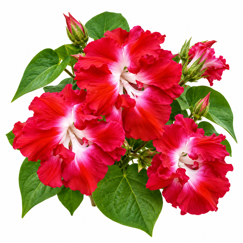 Morning Glory Ruffled Red vine with rich red trumpet-shaped flowers and decorative ruffled edges – summer climbing flower seeds for trellises balconies pots and grow bags in Pakistan
