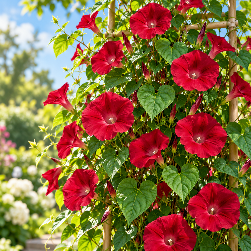 Morning Glory Scarlett O'Hara Ipomoea nil vine with rich crimson-red trumpet-shaped flowers and pale throat – summer climbing flower seeds for trellises balconies pots and grow bags in Pakistan