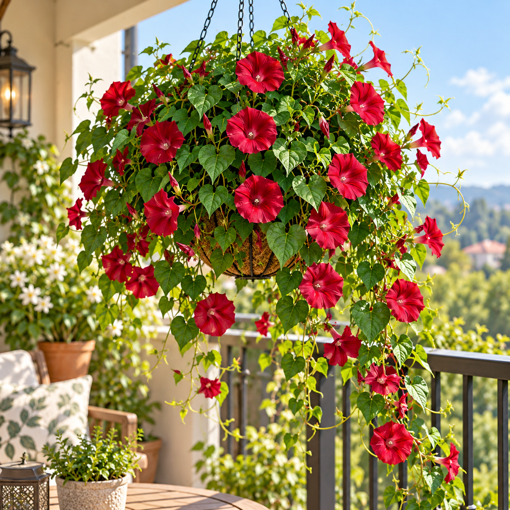 Morning Glory Scarlett O'Hara Ipomoea nil vine with rich crimson-red trumpet-shaped flowers and pale throat – summer climbing flower seeds for trellises balconies pots and grow bags in Pakistan