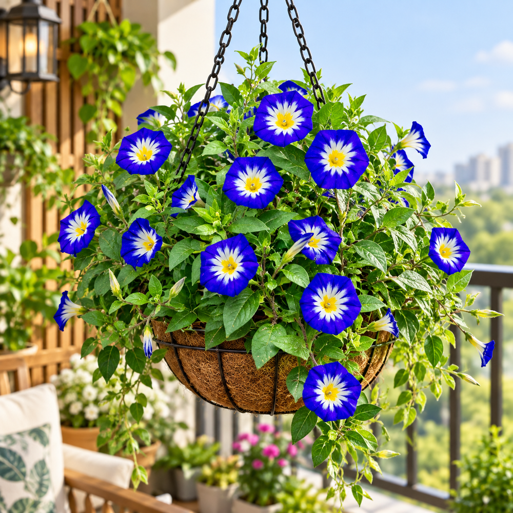 Convolvulus tricolor Royal Ensign Blue Dwarf Morning Glory with vivid royal-blue funnel-shaped flowers and contrasting centre – summer flower seeds for beds borders pots and grow bags in Pakistan