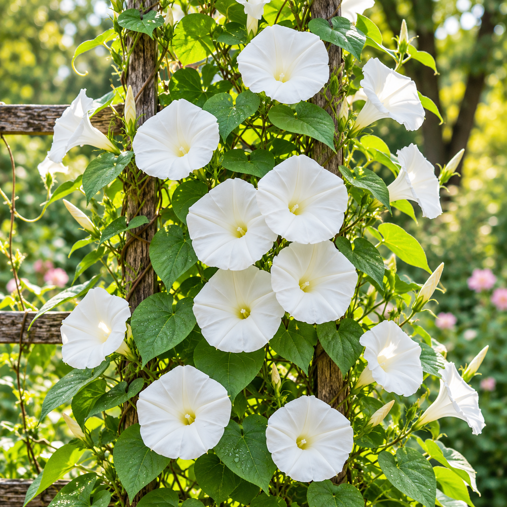 Morning Glory Pearly Gates vine with large pure-white trumpet-shaped flowers – summer climbing flower seeds for trellises balconies pots and grow bags in Pakistan